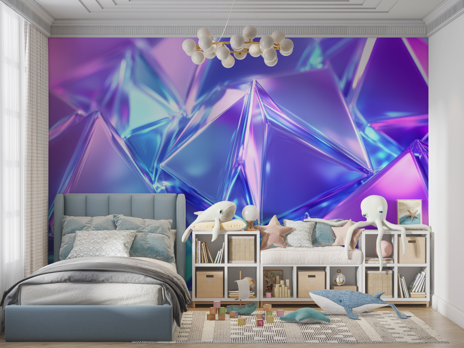 Papier peint cristaux neon bleu panoramique garcon