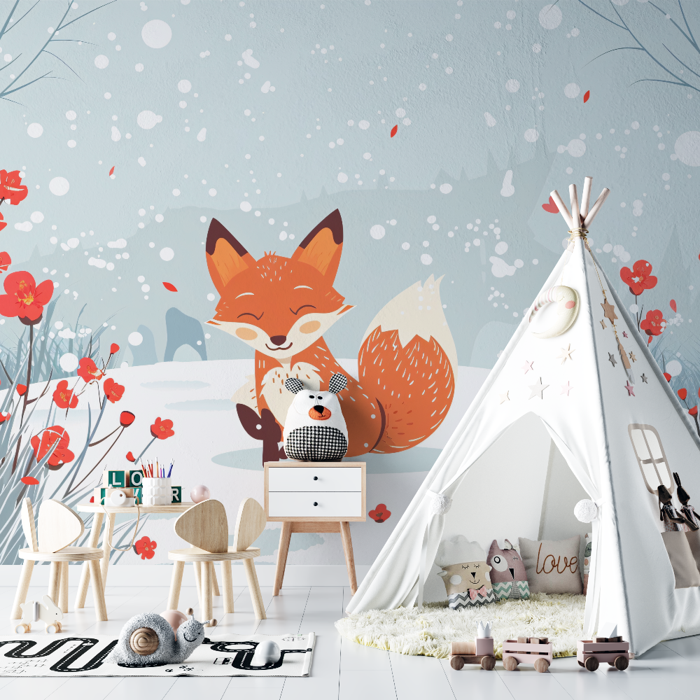 Papier peint renard foret bleu chambre bebe