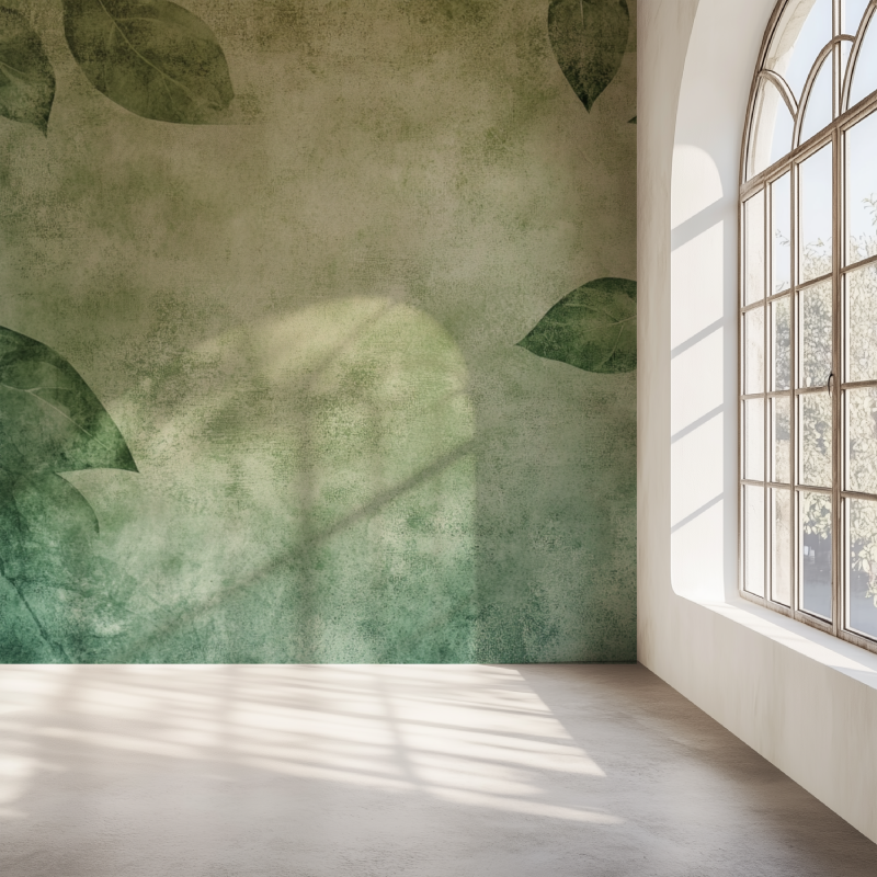 Papier peint vintage vert feuilles mur simple