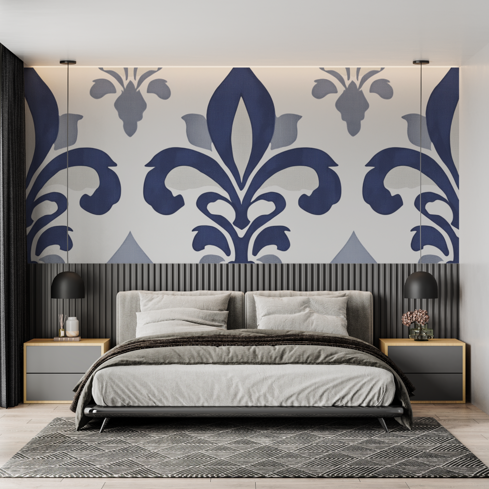 Papier peint fleur de lys bleu gris chambre adulte tendance