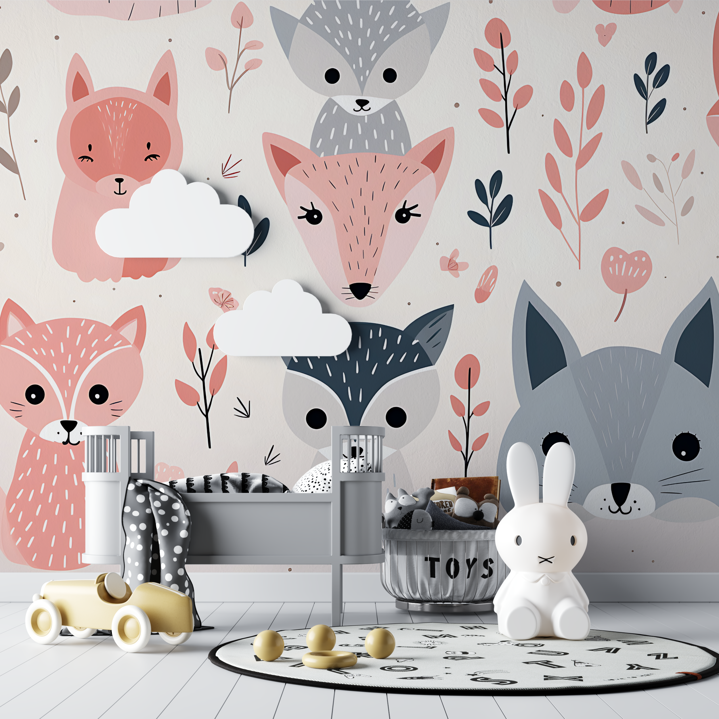 Papier peint bebe renards motifs rose bebe tipi