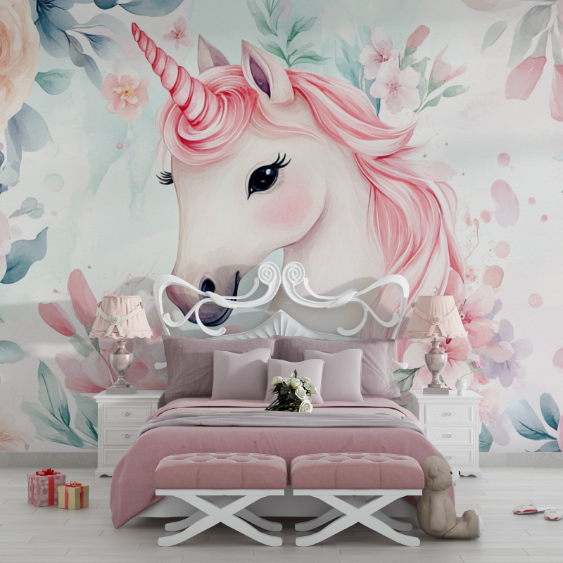 Papier peint licorne pas cher fleuri chambre filles