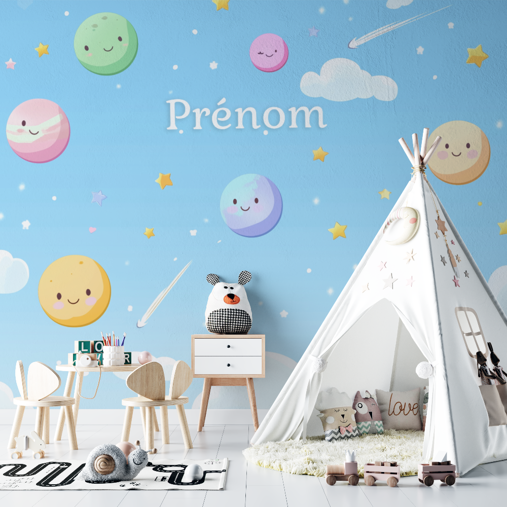 Papier peint prenom planetes chambre bebe