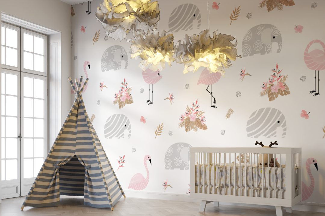 Papier peint bébé Flamant rose blanc - bebe unisexe