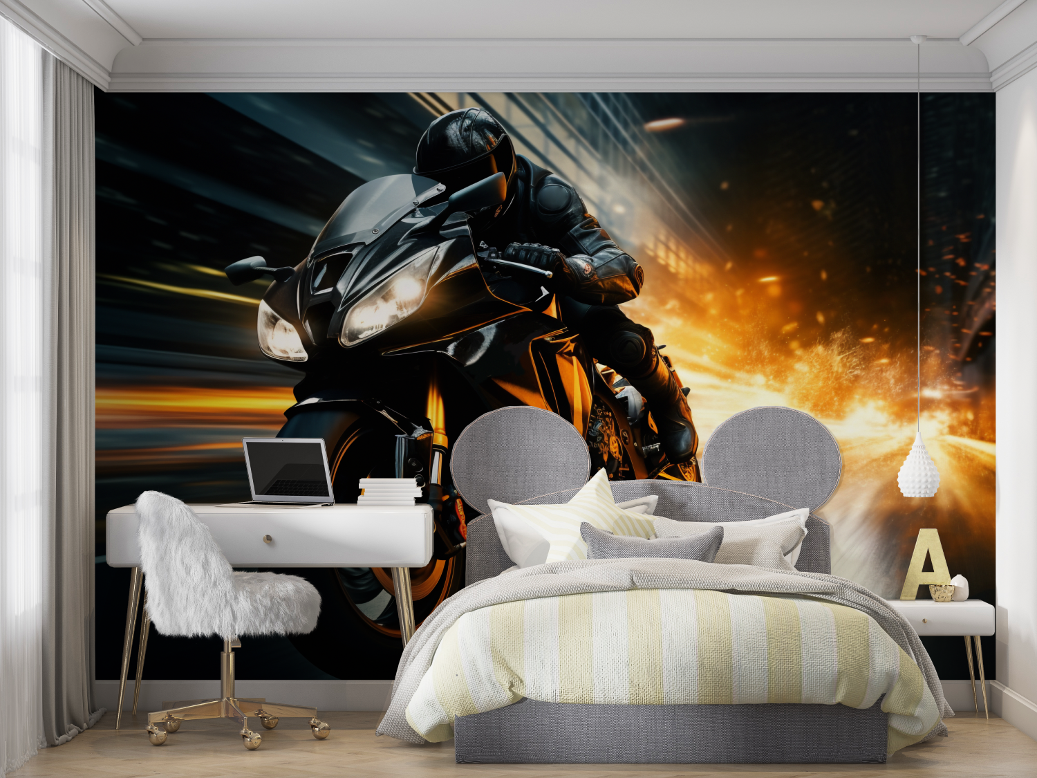 Papier peint moto de course nuit mur chambre panoramique