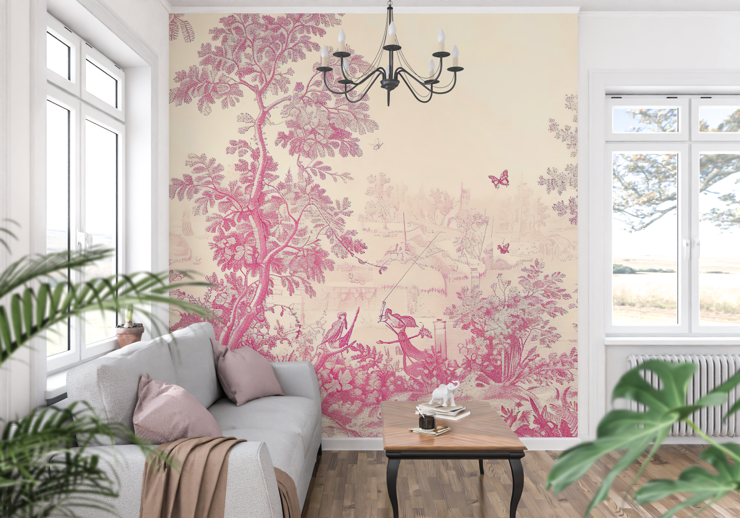 Papier Peint Toile De Jouy Rose Tendance - panoramique tendance