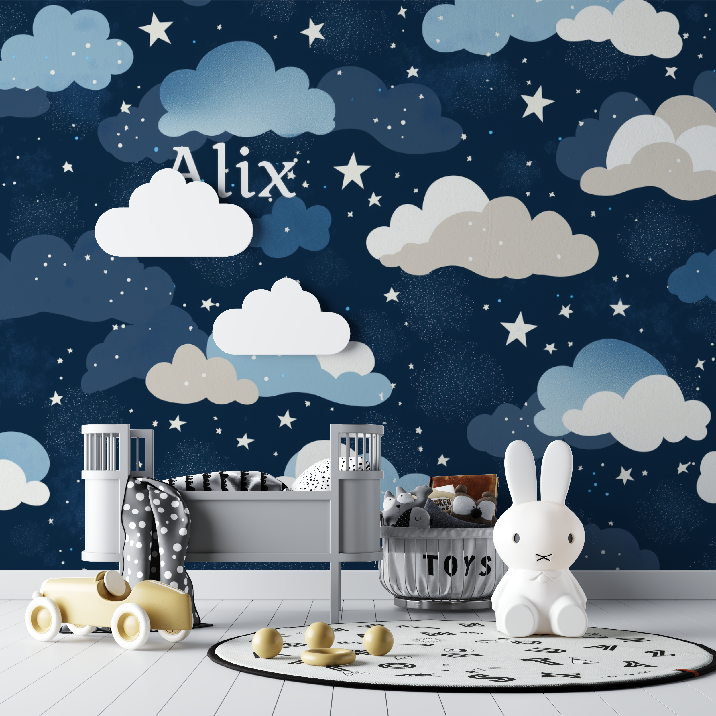 Papier peint prenom nuages nuit bebe tipi