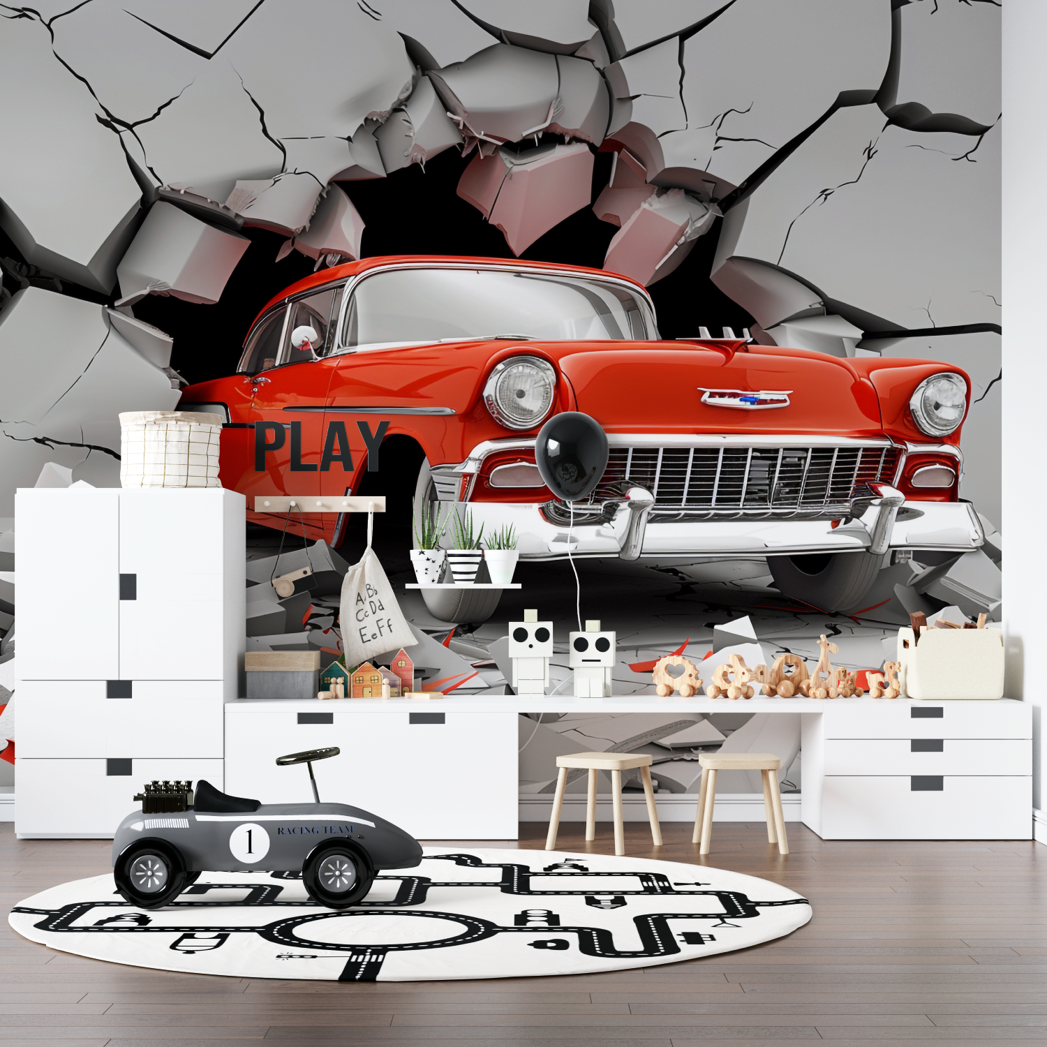 Papier peint trompe loeil voiture rouge pano anime