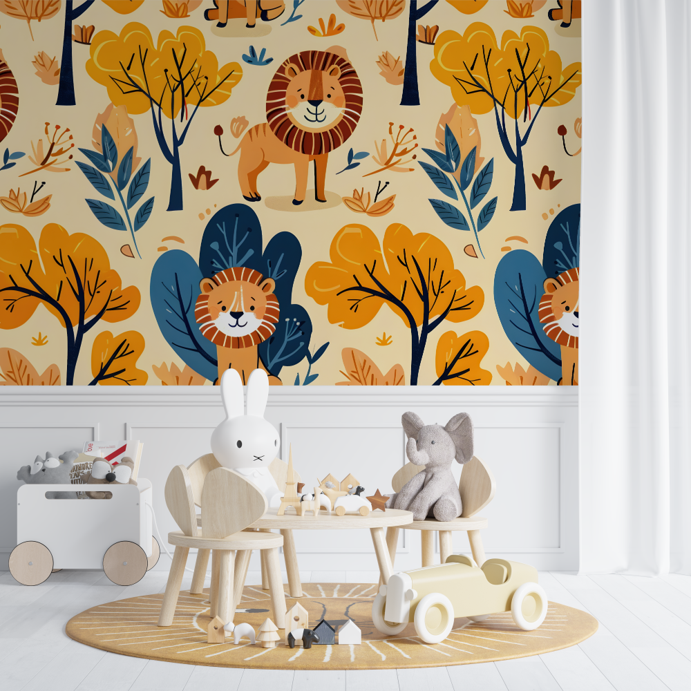 Papier peint lion motifs colore chambre de bebe