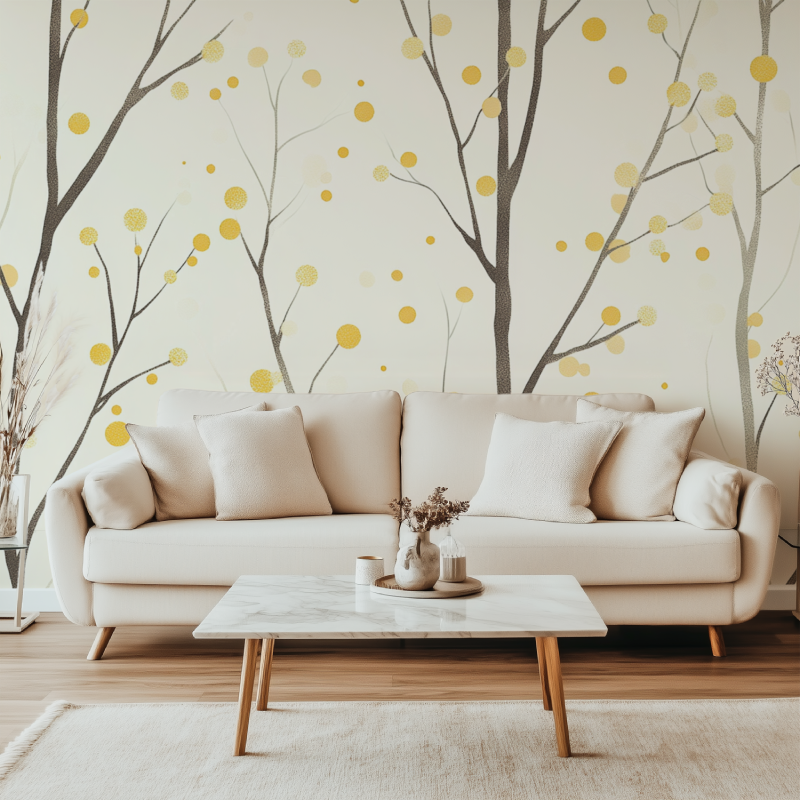 Papier peint arbre jaune a pois canape simple