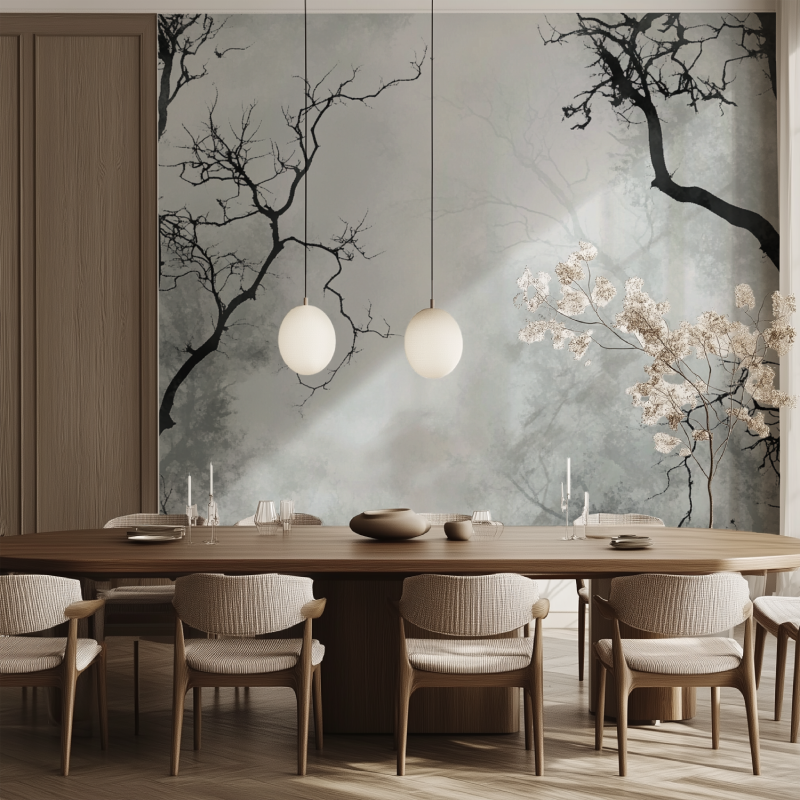 Papier peint arbre noir et gris salle manger tendance