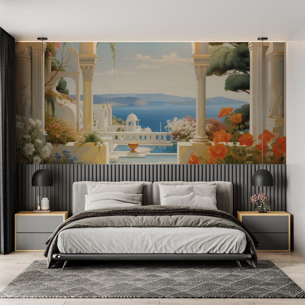 Papier peint aquarelle paysage mediterraneen chambre adulte