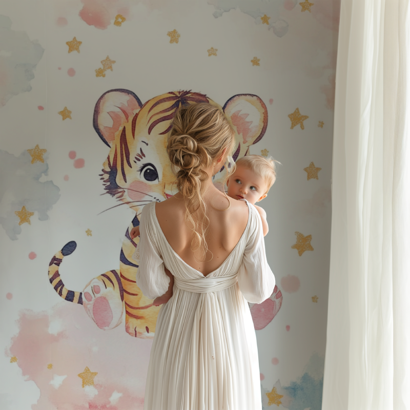 Papier peint tigre et etoiles filantes bb123