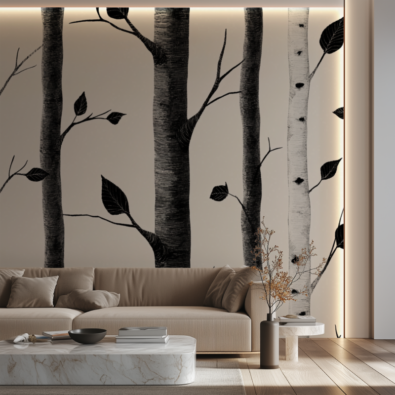 Papier peint arbre bouleau noir et blanc canape neon