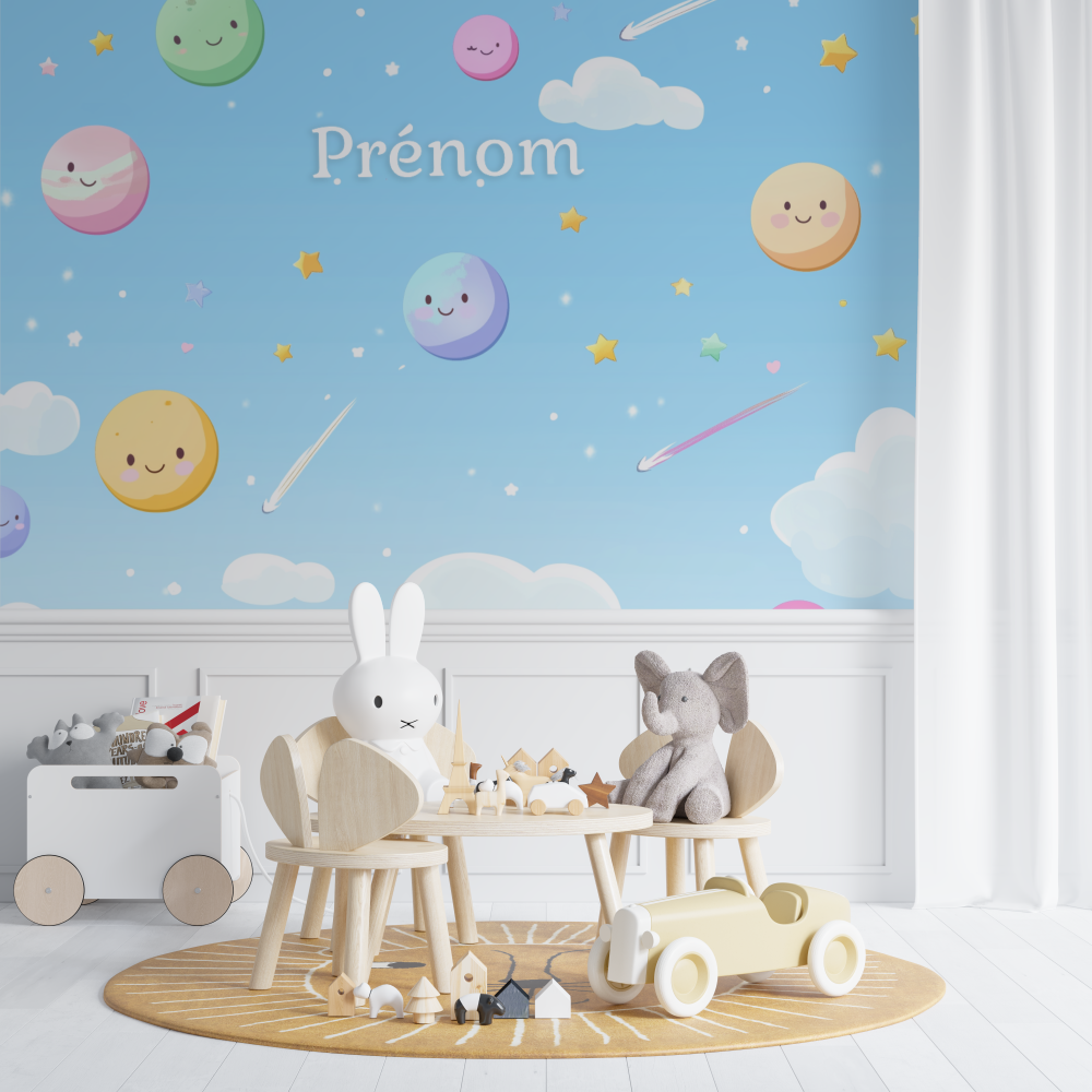 Papier peint prenom planetes chambre de bebe