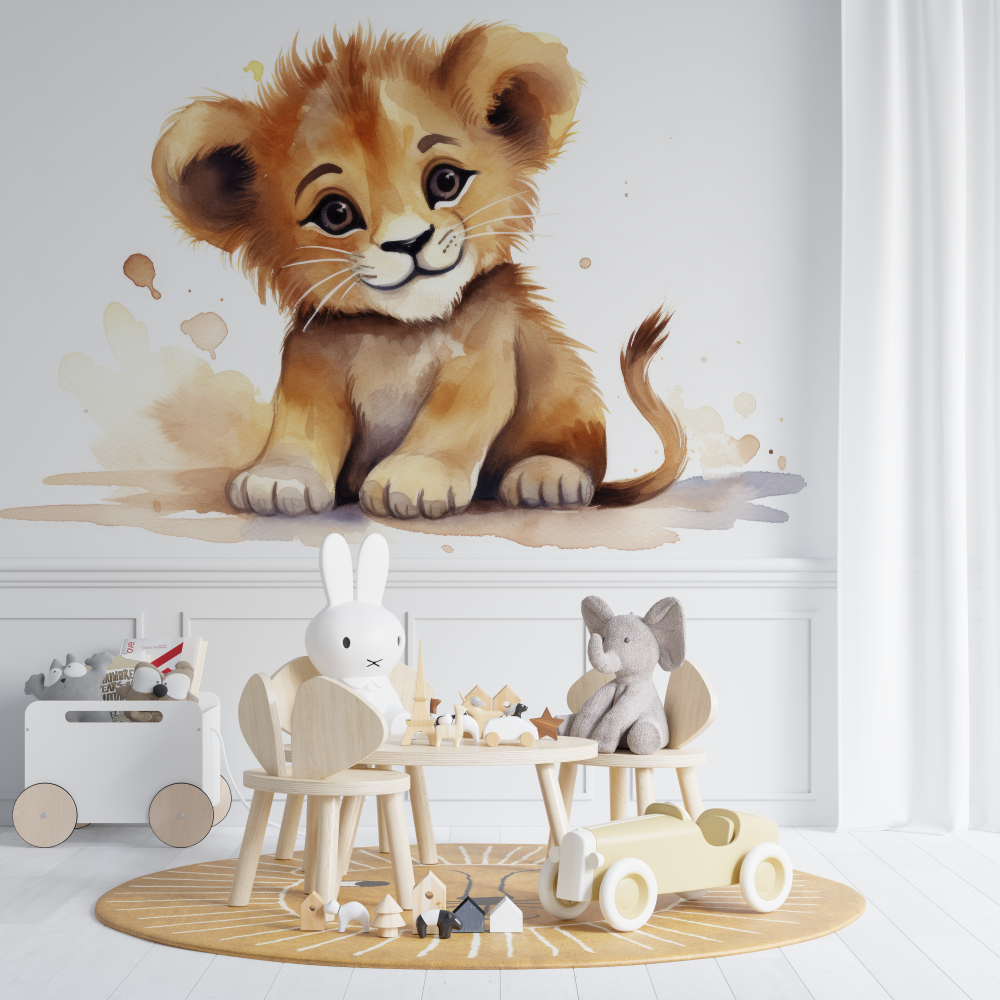 Papier peint lion bebe aquarelle chambre de bebe