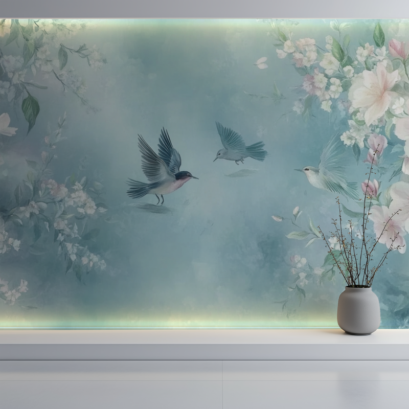 Papier peint fleur et oiseau mur blanc