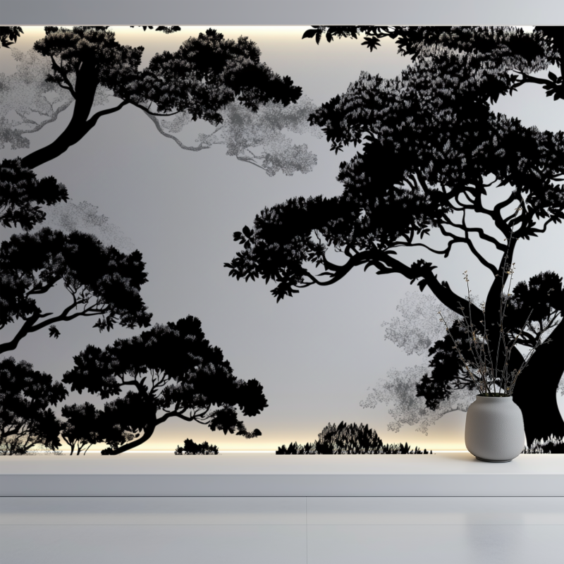 Papier peint arbre fin mur blanc