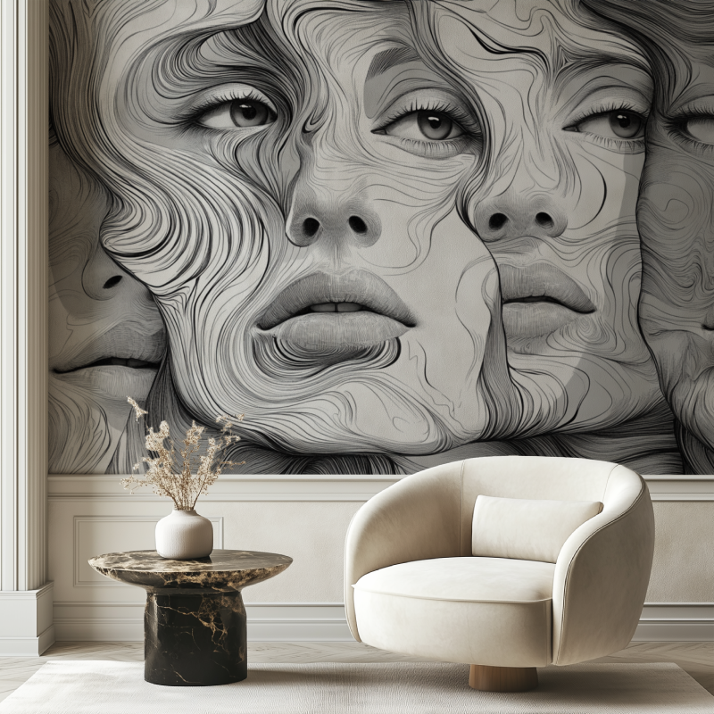 Papier peint vintage noir et blanc visage chaise tendance