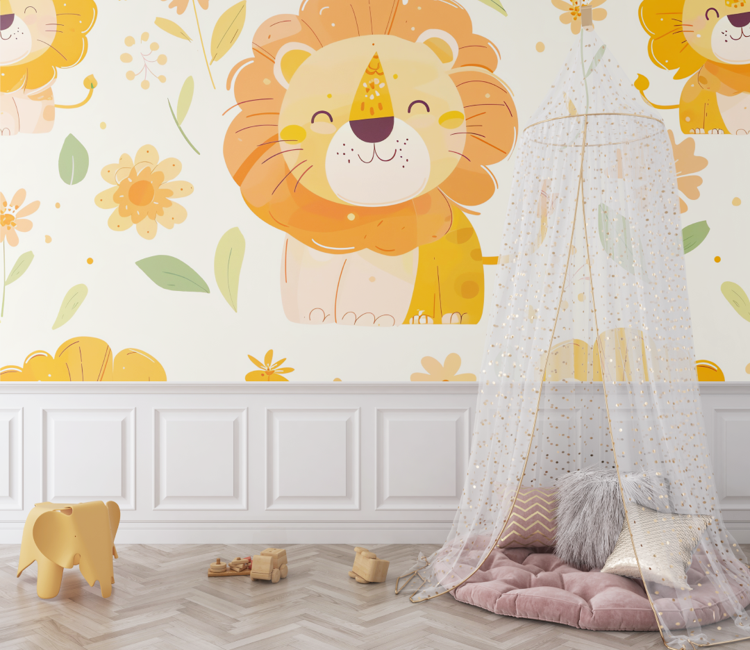 Papier peint lion et ambiance tropicale bebe