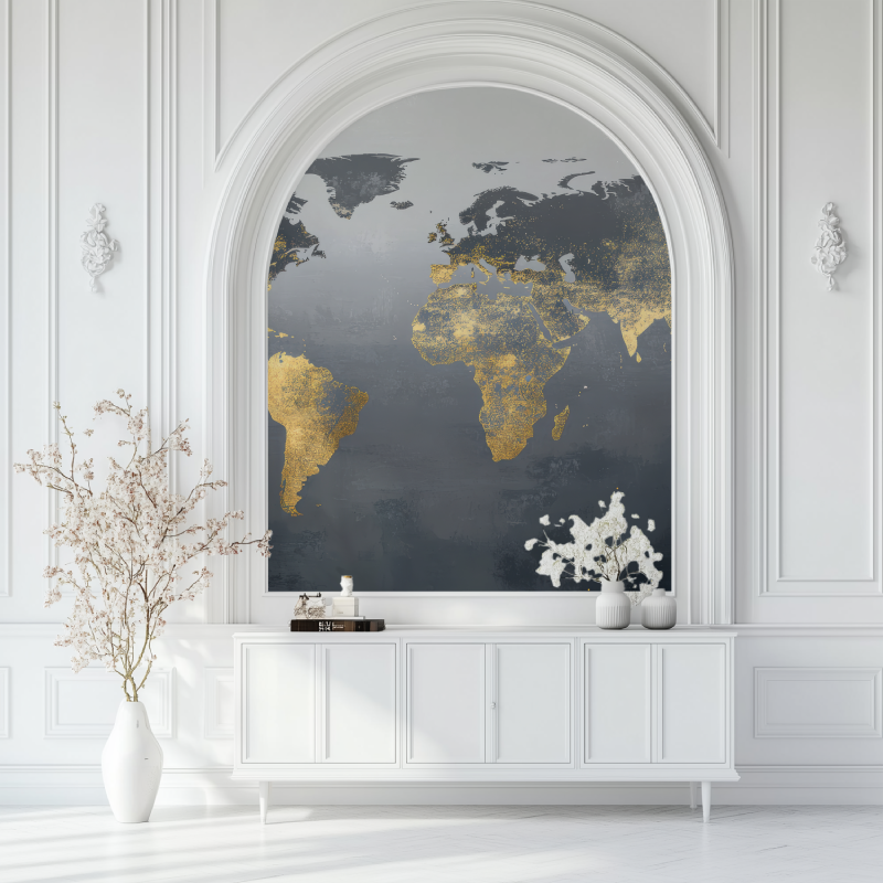 Papier peint carte du monde doree salon blanc