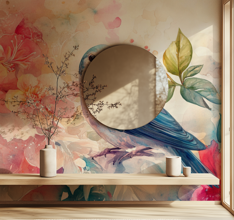 Papier peint fleur oiseau miroir