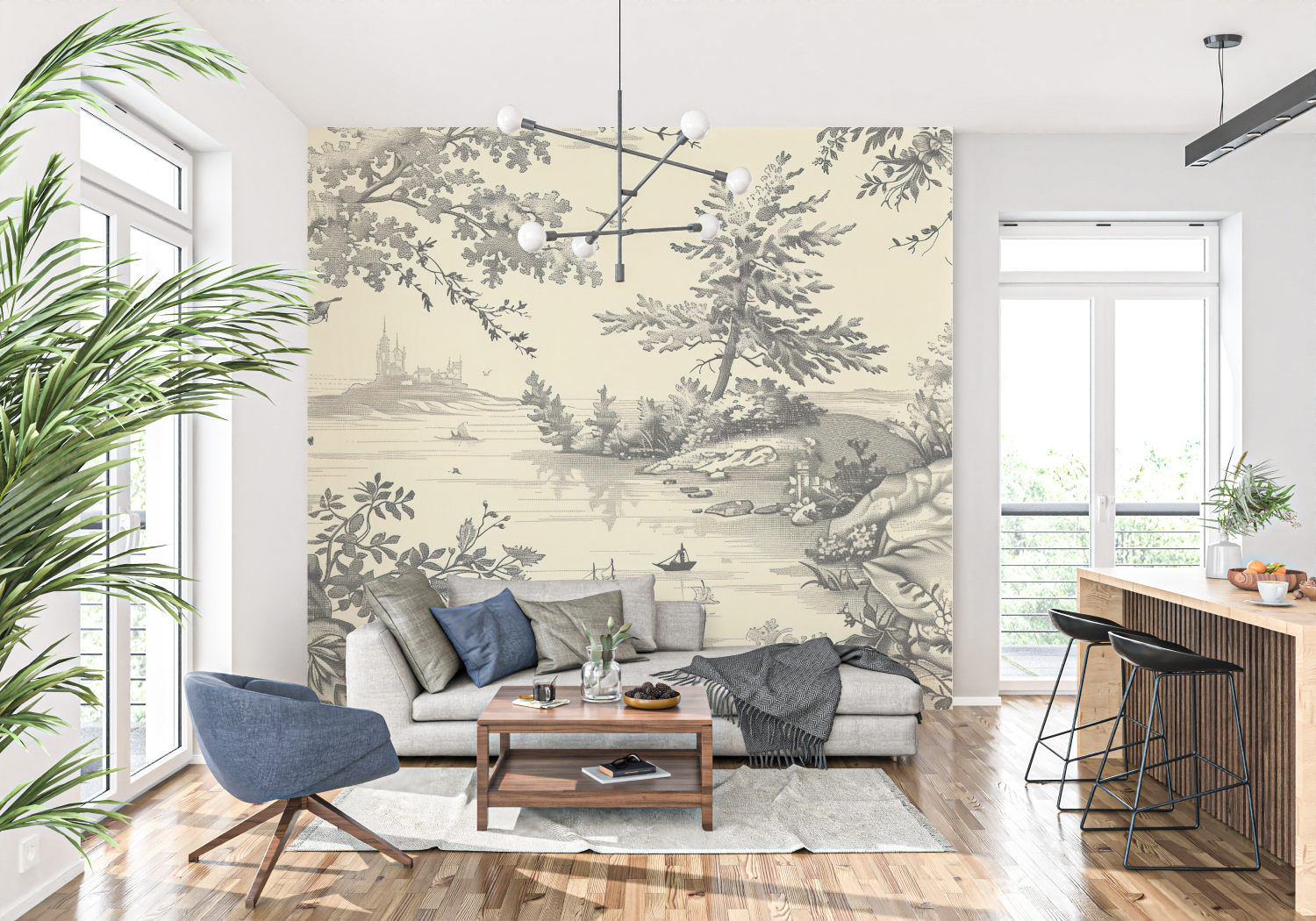 Papier Peint Toile De Jouy Tapisserie Noir - panoramique-mur