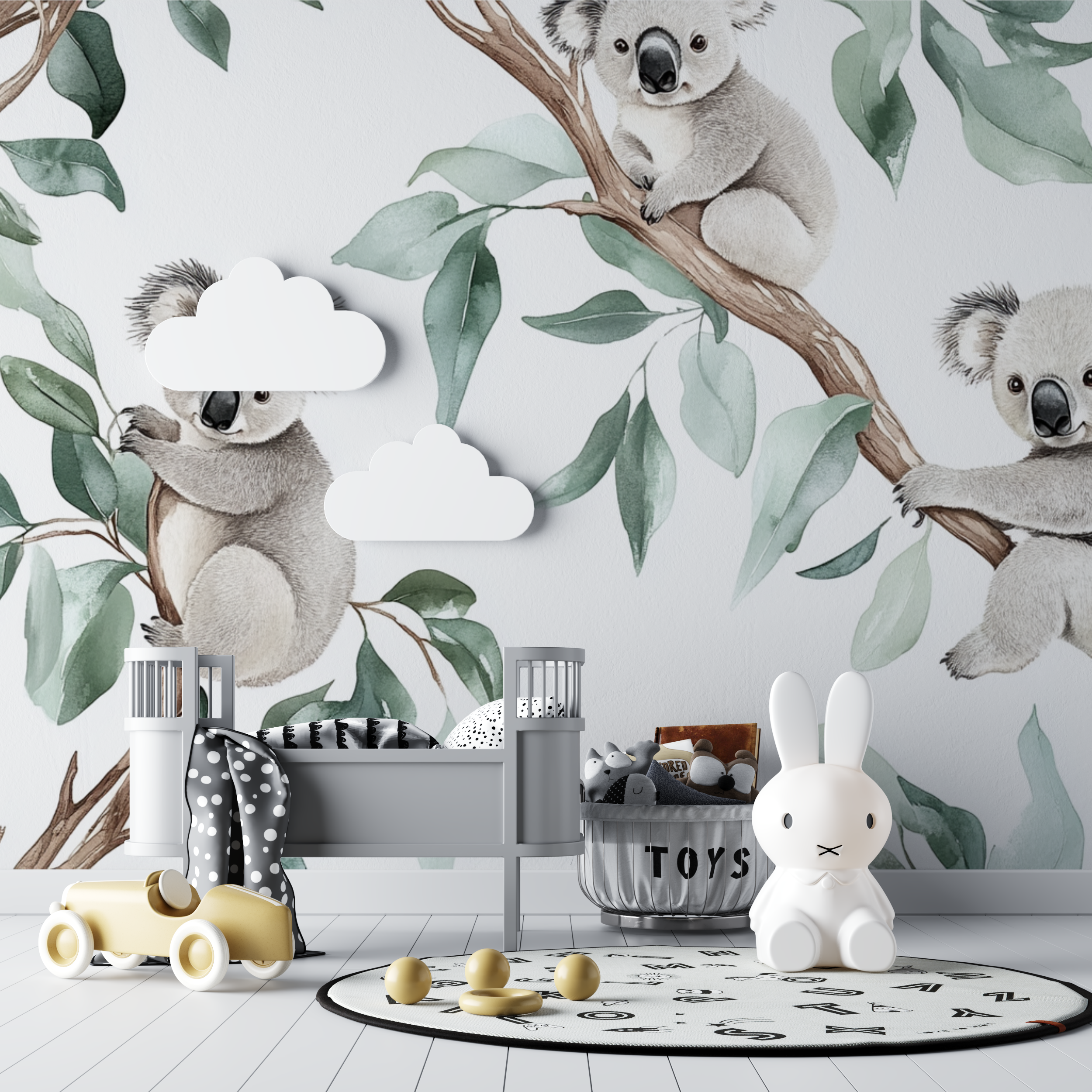 Papier peint koala suspendu a une branche bebe tipi