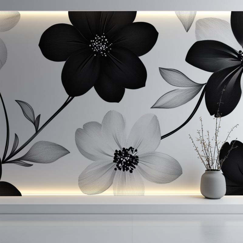 Papier peint fleur noir et blanc mur blanc