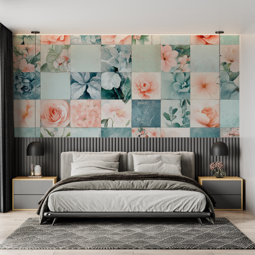 Papier peint fleur carreaux a coller chambre adulte tendance