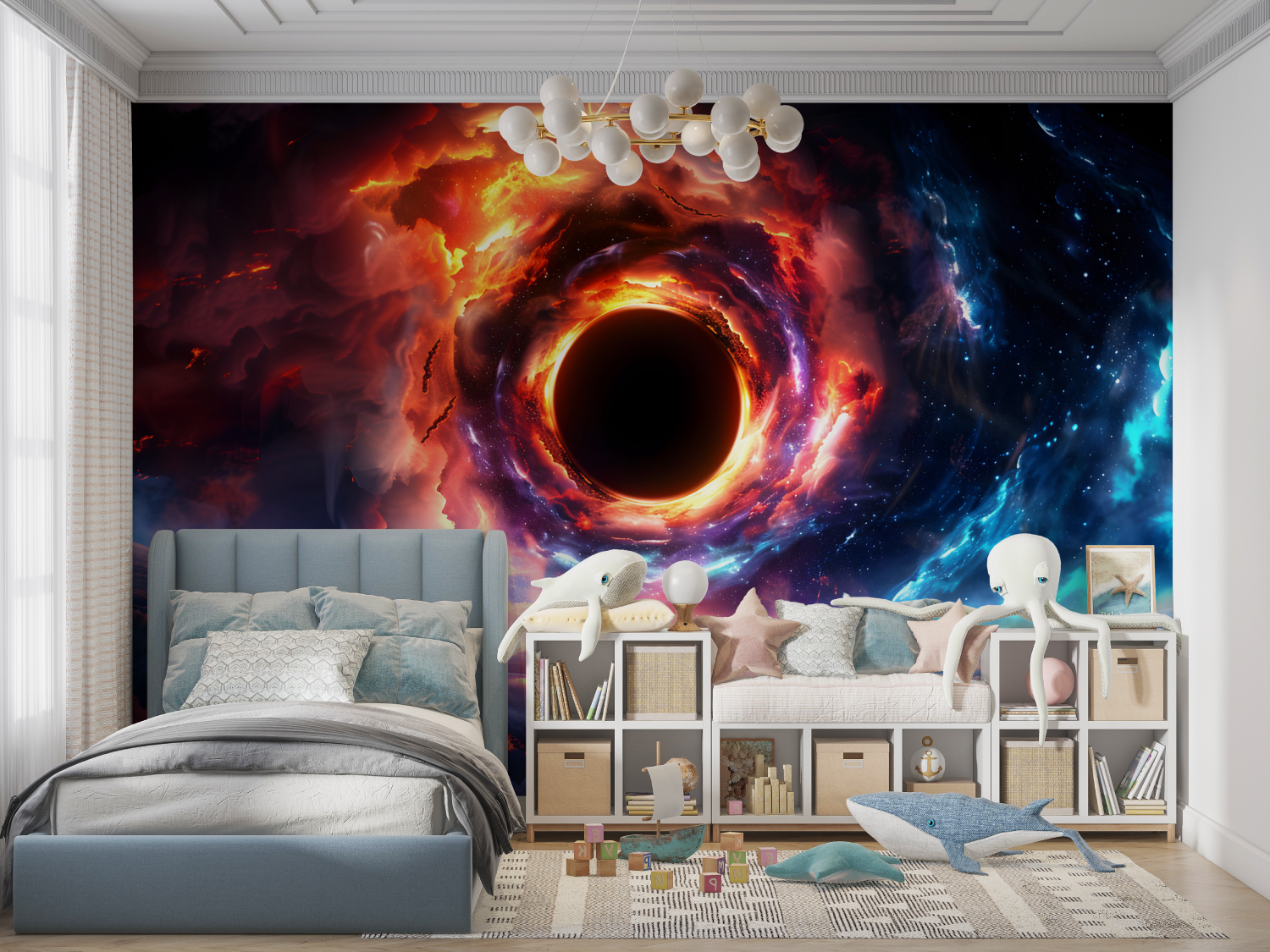 Papier peint espace trou noir en feu panoramique garcon