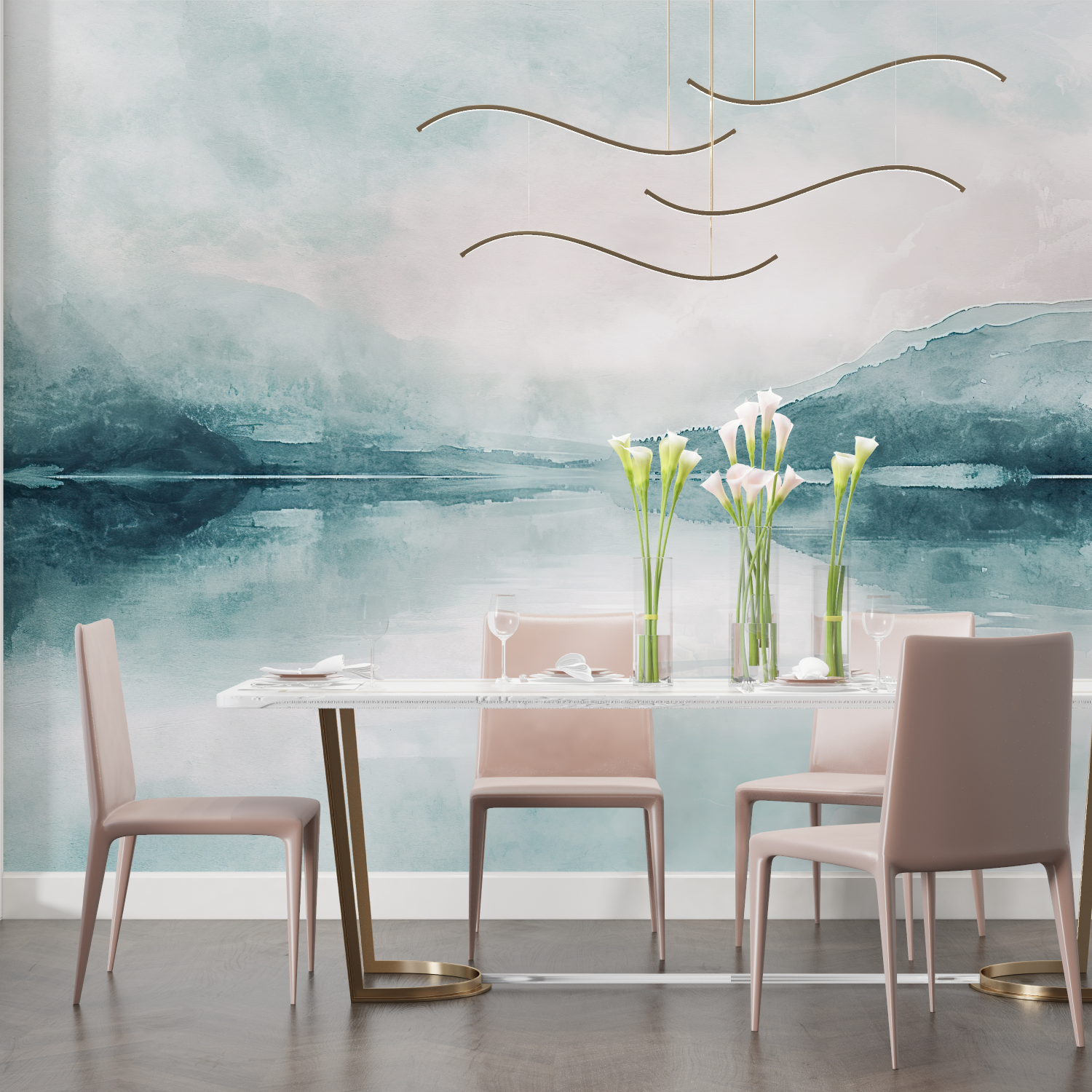 Papier peint aquarelle lac brumeux salon