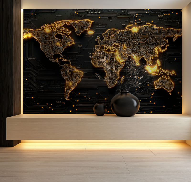 Papier peint carte du monde noir et dore design salon neon