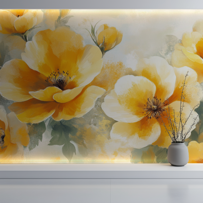 Papier peint fleur jaune mur blanc