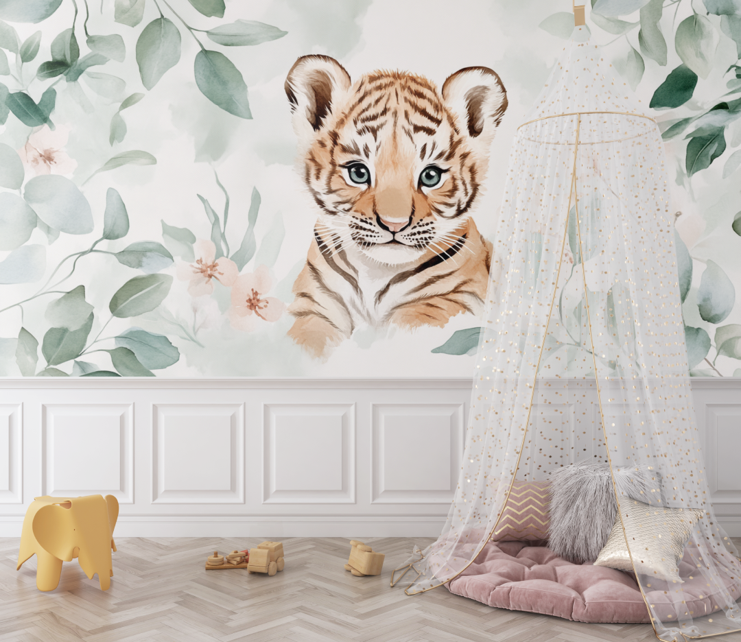 Papier peint tigre et feuilles deucalyptus bebe