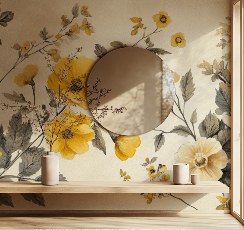 Papier peint vintage jaune fleur miroir