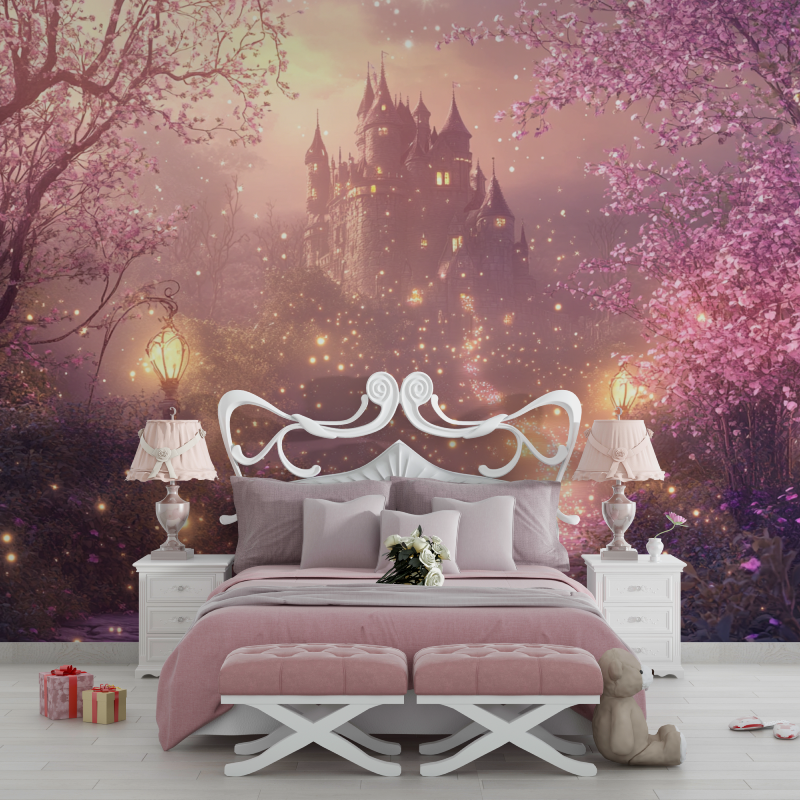 Papier peint chateau rose de nuit chambre filles