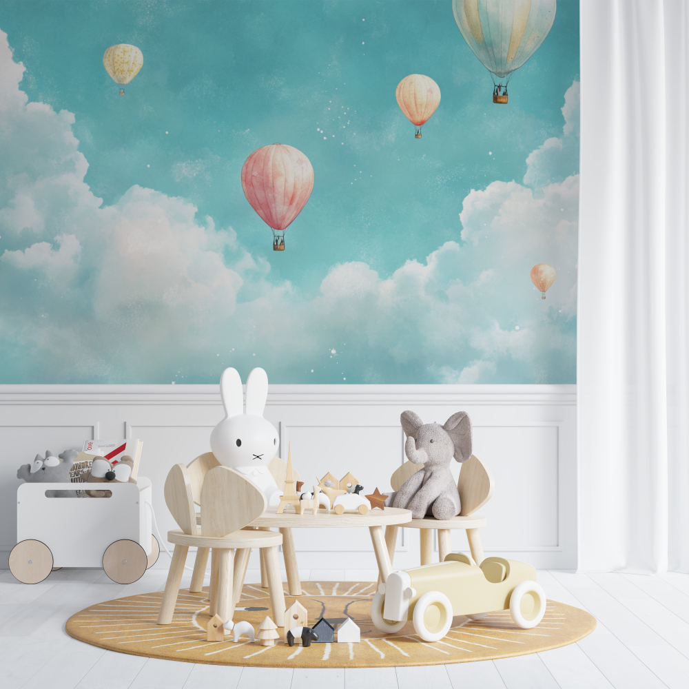 Papier peint montgolfiere et ciel turquoise chambre de bebe