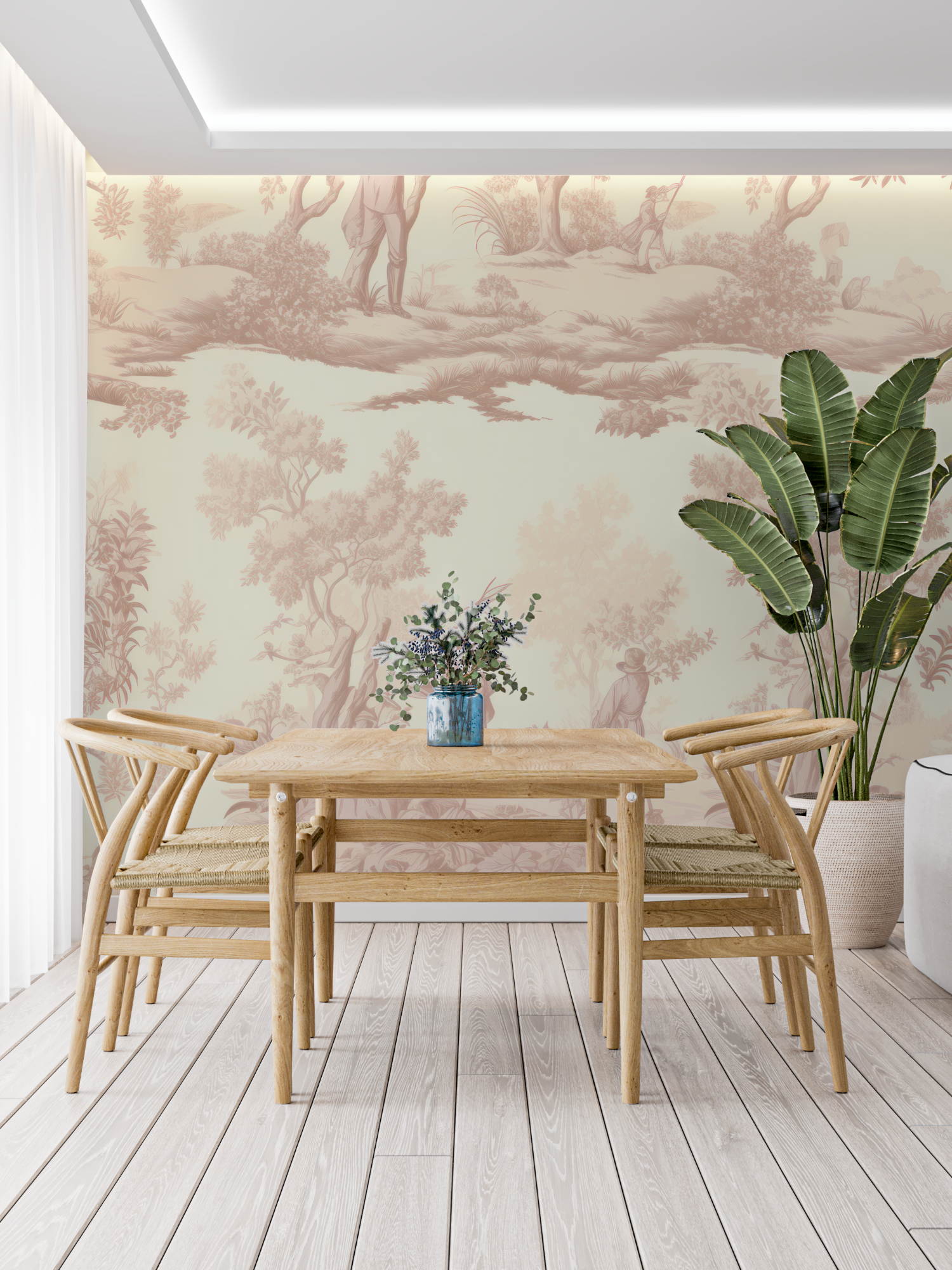 Papier Peint Toile De Jouy Beige Vintage - trompe l'oeil