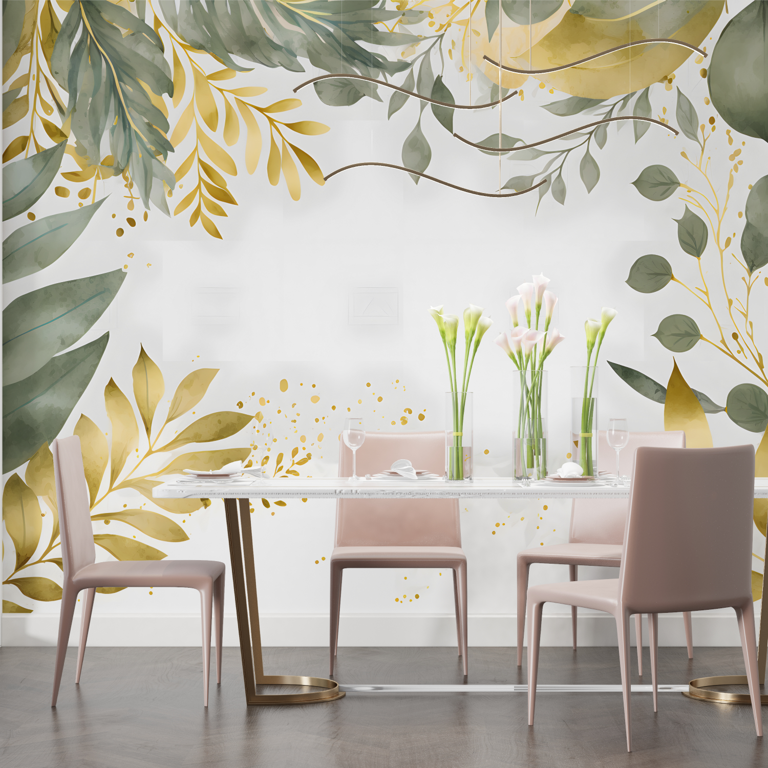 Papier Peint Feuillage Vert et Doré - panoramique mural