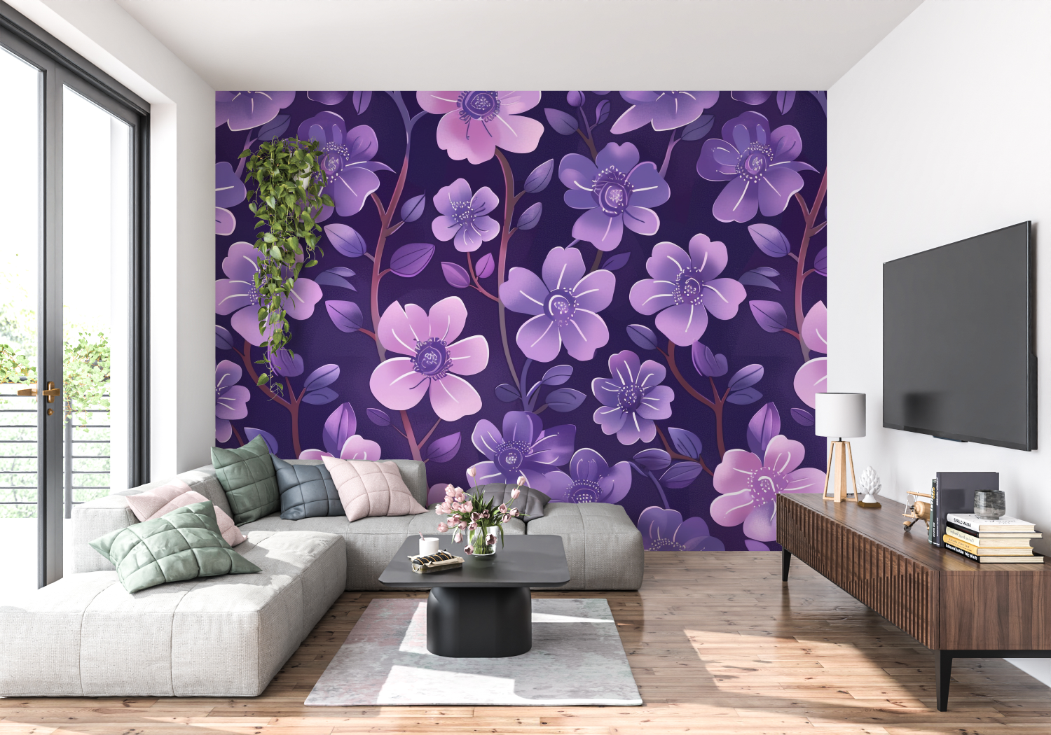 Papier peint design Lys violet - composition florale avec un motif doux en vagues Papier peint design Lys violet - composition florale avec un motif doux en vagues