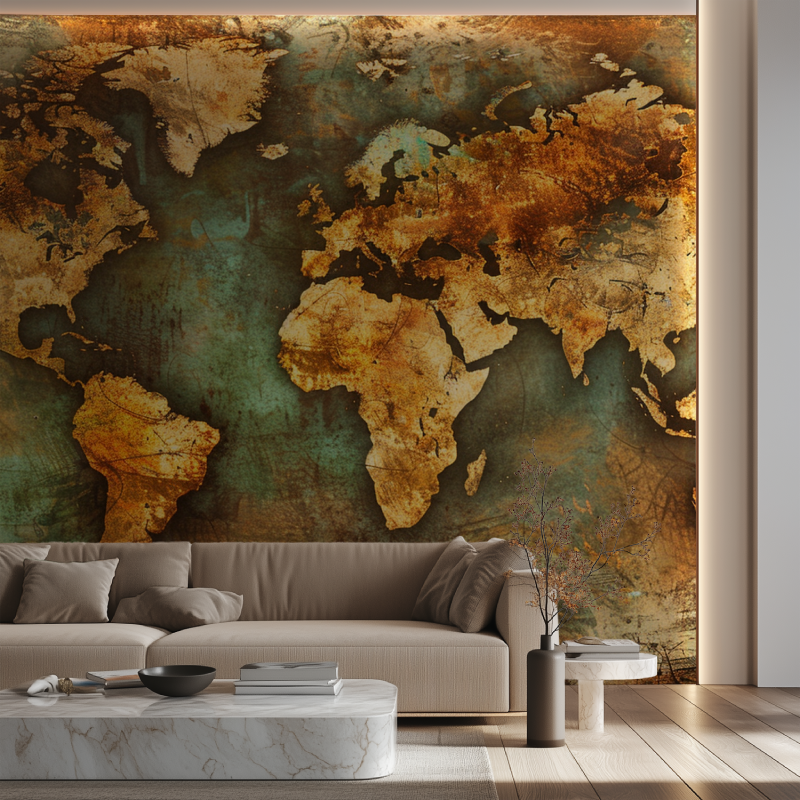 Papier peint carte du monde ancienne canape neon