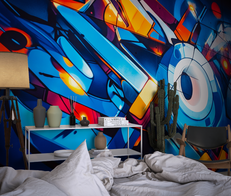 Papier peint blue electro graffiti chambre dado1
