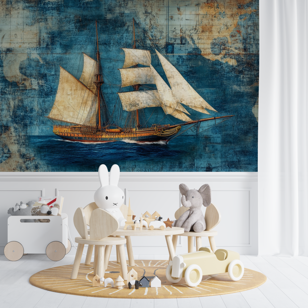 Papier peint marin voilier retro chambre de bebe