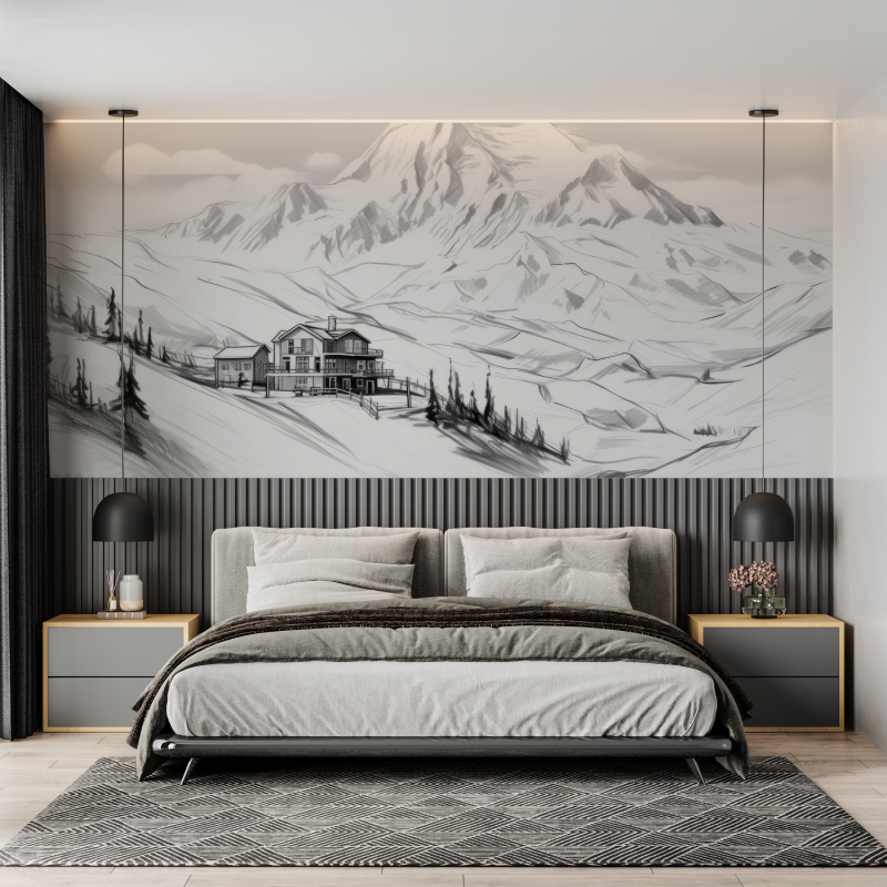 Papier peint noir et blanc chalet dessin mural adulte