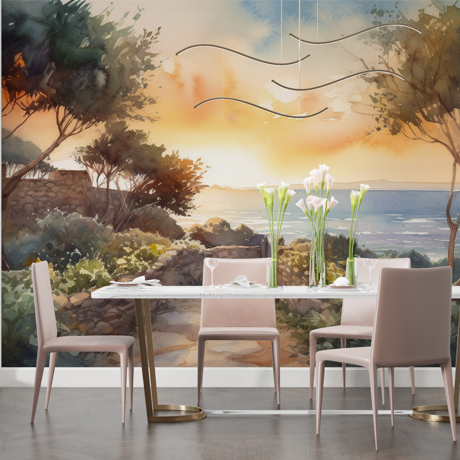 Papier peint aquarelle paysage ...een couche de soleil salon