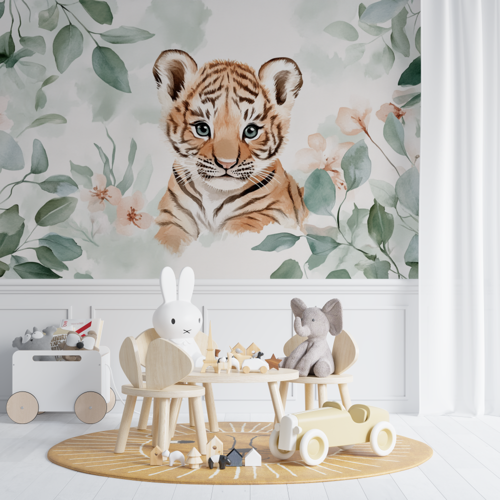 Papier peint tigre et feuilles deucalyptus chambre de bebe
