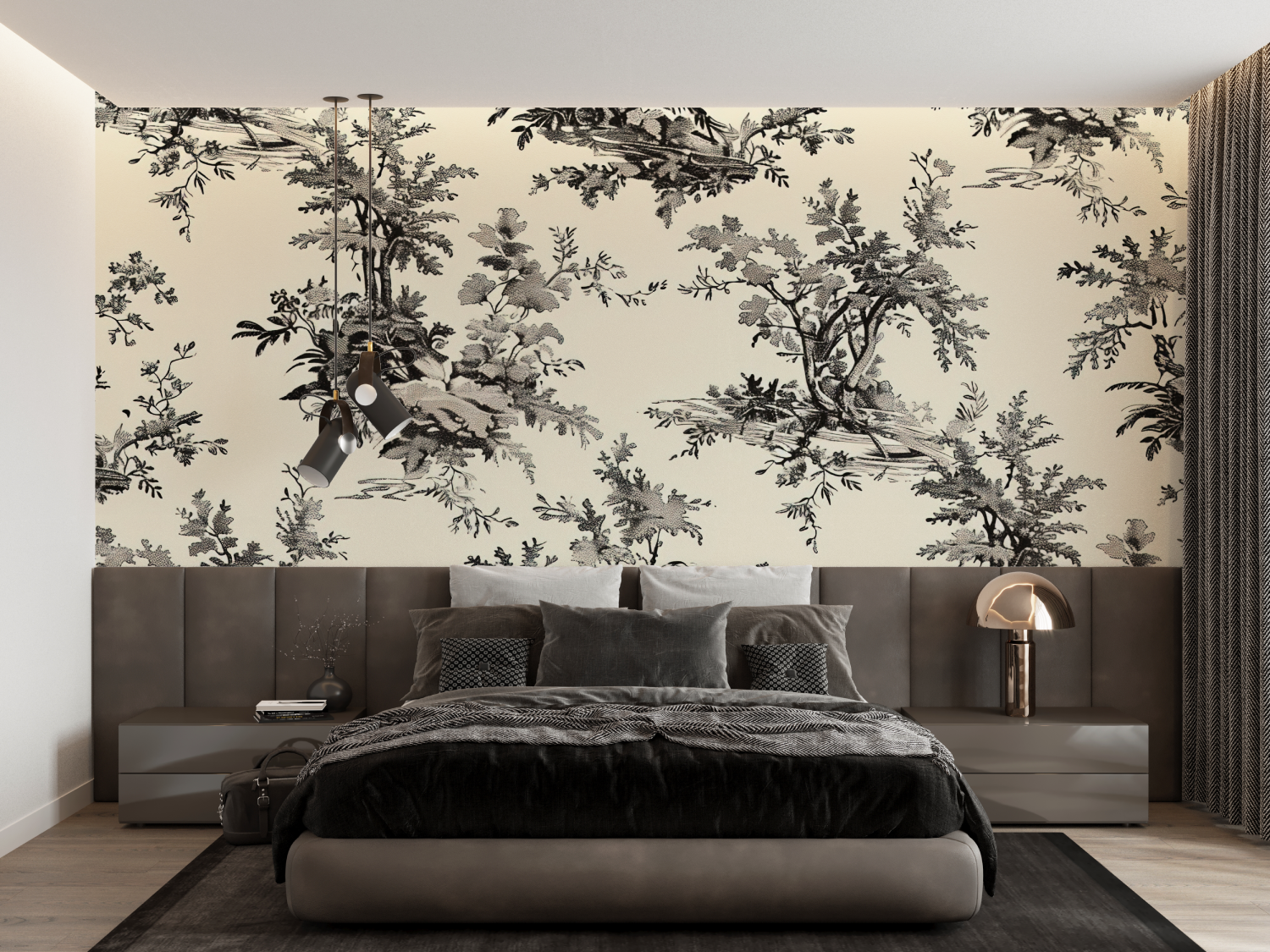 Papier Peint Toile De Jouy Noir Blanc - panoramique tendance