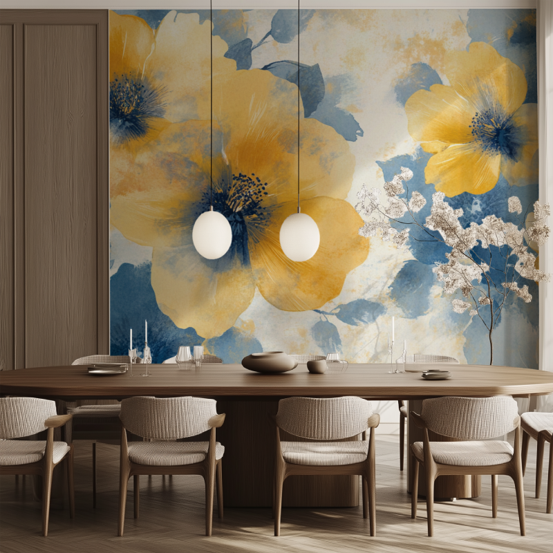 Papier peint fleur jaunes et bleu salle manger tendance