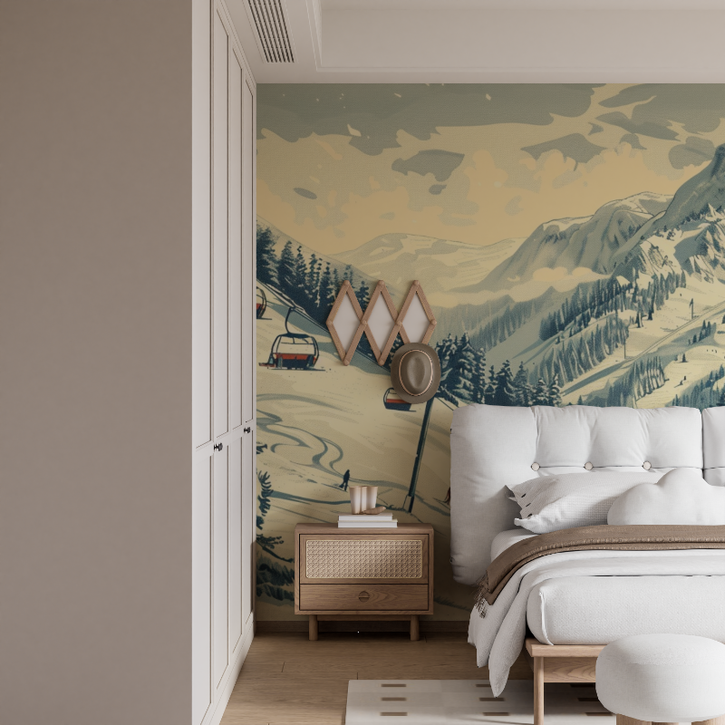 Papier peint telecabine skieurs colores mural